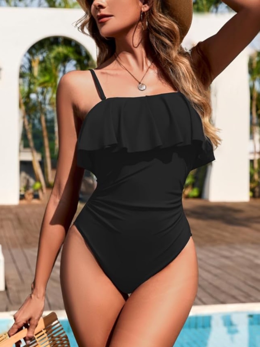 NWT Women’s Black Ruffle One Piece Bandeau Bathing Suit Size Medium